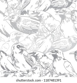 Seamless pattern with crows. Big birds are sitting. Drawing by hand in vintage style. Gothic, stylish background.