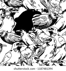 Seamless pattern with crows. Big birds are sitting. Drawing by hand in vintage style. Gothic, stylish background.