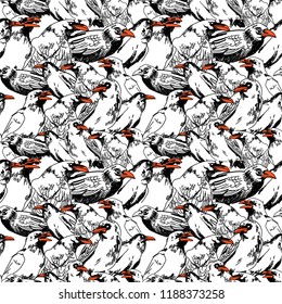 Seamless pattern with crows. Big birds are sitting. Drawing by hand in vintage style. Gothic, stylish background.