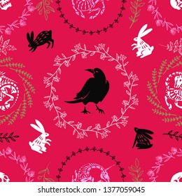 Seamless pattern. Crows in floral wreaths, rabbits and unicorns on a pink background. Halloween illustration.