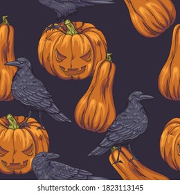 seamless pattern with crows and halloween pumpkins