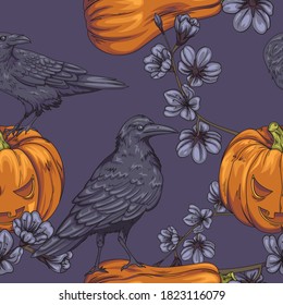 seamless pattern with crows, halloween pumpkins and dark flowers