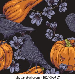 seamless pattern with crows, halloween pumpkins and dark flowers
