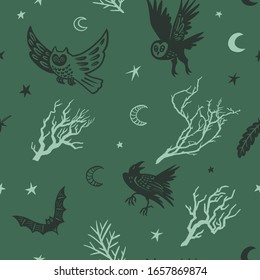 Seamless pattern. Crows and owls in the magic forest. Flowers and herbs for the witch's potion. Great for Halloween and more.