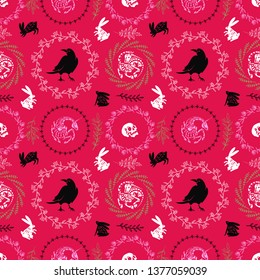 Seamless pattern. Crows, rabbits and skeletons of unicorns among skulls and flower wreaths.