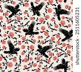 Seamless pattern with crows and roses