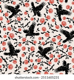 Seamless pattern with crows and roses