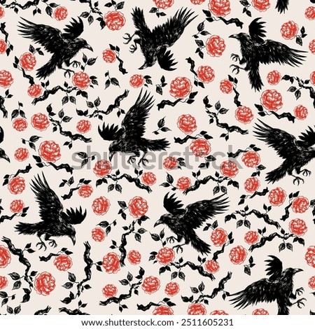 Seamless pattern with crows and roses