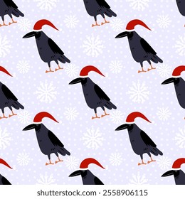 Seamless pattern with crows in the snow - hand drawn vector illustration.