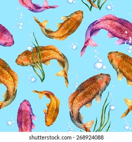 Seamless pattern. Crucian carp in the water around the water bubbles. Watercolor. Vector.