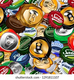 Seamless pattern crumpled cans and caps. Vector crushed yellow, black, red, green aluminum beverage cans illustration. Crushed junk can