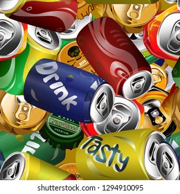 Seamless pattern crumpled cans and caps. Vector crushed red, green, black, blue aluminum beverage cans illustration. Crushed junk
