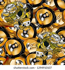 Seamless pattern crumpled cans and skull with caps. Vector crushed gold and black aluminum beverage cans illustration. Crushed junk