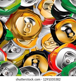 Seamless pattern crumpled cans. Vector crushed red, green, black, blue  aluminum beverage cans illustration. Crushed junk can