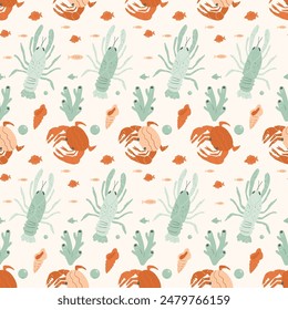 Seamless pattern with Crustaceans. Crabs, lobsters and crawfishes with shells and coral reef repeat cover backdrop. Underwater sea life endless background. Vector hand drawn illustration.