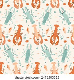 Seamless pattern with Crustaceans. Lobsters and crawfishes with shells and seaweed repeat cover backdrop. Underwater sea life endless background. Vector hand drawn illustration.