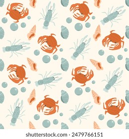 Seamless pattern with Crustaceans. Lobsters and crawfishes with shells and crabs repeat cover backdrop. Vector hand drawn flat illustration.