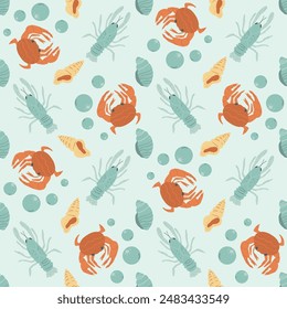 Seamless pattern with Crustaceans. Lobsters and crawfishes with shells and crabs repeat cover backdrop. Underwater sea life endless background. Vector hand drawn flat illustration.