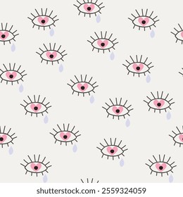 Seamless pattern with crying eyes. Sad print. Vector hand drawn illustration.