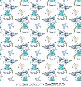 Seamless pattern with crying girl and birds