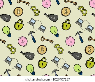 Seamless pattern with cryptocurrency, bitcoin, mining, blockchain icons. Vector electronic commerce illustration.