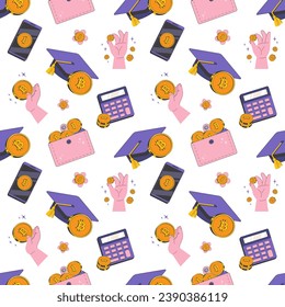 Seamless pattern for cryptocurrency school with bitcoin symbol, master's hat, calculator, hands. Vector illustration in retro style