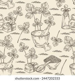 Seamless pattern with cryptotaenia japonica: cryptotaenia leaves and plant. Honewort. Mitsuba Plant. Oil, soap and bath salt . Cosmetics and medical plant. Vector hand drawn illustration