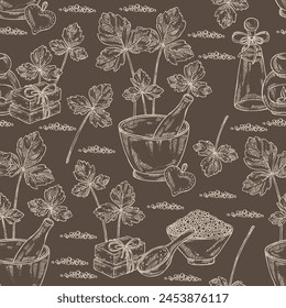 Seamless pattern with cryptotaenia japonica: cryptotaenia leaves and plant. Honewort. Mitsuba Plant. Oil, soap and bath salt . Cosmetics and medical plant. Vector hand drawn illustration