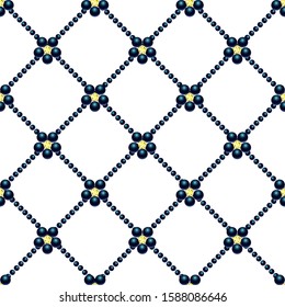 Seamless pattern with crystal flowers, beads and rhinestones.  3D vector illustration for fabric design, print for textile, scarf, underwear, packaging , scrapbooking, etc.
