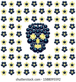 Seamless pattern with crystal flowers, beads, rhinestones and skull. 3D vector illustration for fabric design, print for textile, scarf, underwear, packaging , scrapbooking, etc. Gothic style.