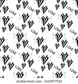 Seamless pattern with crystal heart, diamond, gemstone isolated on white background. Best for banners, wedding, Valentines day, greeting card,wrapping, wallpaper, congratulations, invitation