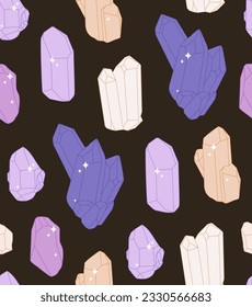 Seamless pattern of crystal minerals. Minimalistic flat design, retro style. Geometric gemstone drawing.