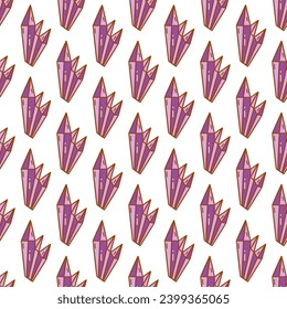 Seamless pattern with crystal purple diamonds. Gemstone magic. Colorful vector illustration hand drawn doodle. White background, wrapping, print for fabric or paper