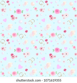 Seamless pattern. Crystals, blue stars, hearts, pearls, wedding rings and rose flowers. Abstract vector background. 