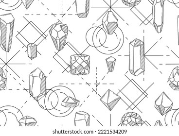 Seamless pattern with crystals or crystalline minerals. Jewelry or semiprecious gem stones.