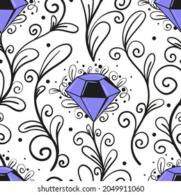 Patrón inmaculado con cristales y elementos decorativos. Fondo vector plano