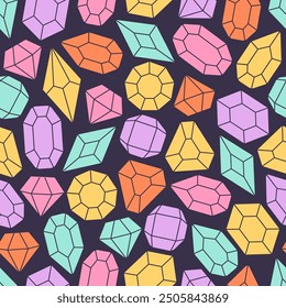 Seamless pattern with crystals, diamonds, gemstones. Crystal, quartz, jewelry precious stones. Vector illustration in flat style