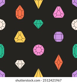 Patrón sin fisuras con cristales, diamantes, piedras preciosas. Textura para Anuncios, Fondos de pantalla, textiles, papel de embalaje. Ilustración vectorial en estilo plano