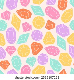 Patrón sin fisuras con cristales, diamantes, piedras preciosas. Textura para Anuncios, Fondos de pantalla, textiles, papel de embalaje. Ilustración vectorial en estilo plano