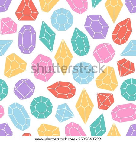 Seamless pattern with crystals, diamonds, gemstones. Crystal, quartz, jewelry precious stones. Vector illustration in flat style