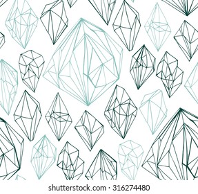 Seamless pattern with crystals. Ink illustration. Collection of geometric elements. Green color.