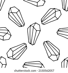 seamless pattern of crystals.  A mineral in the style of hand-drawn doodles with sharp edges, an uneven rectangular shape, an isolated black outline chaotically on white for a design template. 