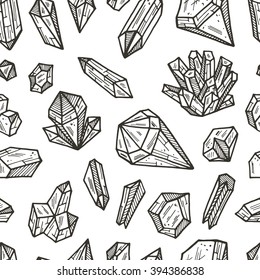 Seamless pattern with crystals and minerals. Hand drawn vector illustration. Simple background with crystals for decoration.