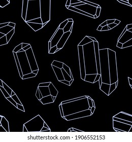 Seamless pattern with crystals and minerals of various shapes. Vector illustration for designing posters, cards, prints, stickers, wallpaper, fabric, textile, gift paper, scrapbooking 
