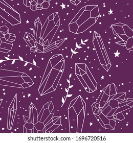 Patrón transparente con cristales, plantas y estrellas sobre fondo morado