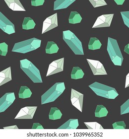 Seamless pattern with crystals, precious stones of green, salad, turquoise hues on a dark gray background