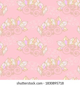 Seamless pattern with crystals or precious stones and a stylized twig on pink. Quartz, minerals, and diamonds. Hand-drawn Doodle illustration