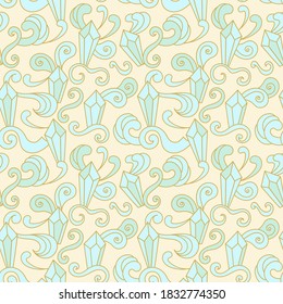 Seamless pattern with crystals or precious stones and swirls. Hand drawn doodle elements, Diamonds and quartz for fabric, textile design, wrapping paper