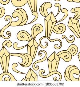 Patrón sin foco con cristales o piedras preciosas y remolinos. Elementos de doodle dibujados a mano, Diamantes y cuarzo para tela, diseño textil, papel envolvente