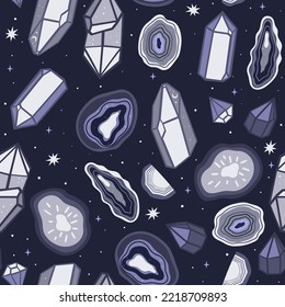 Seamless pattern with crystals in purple colors. Vector graphics.